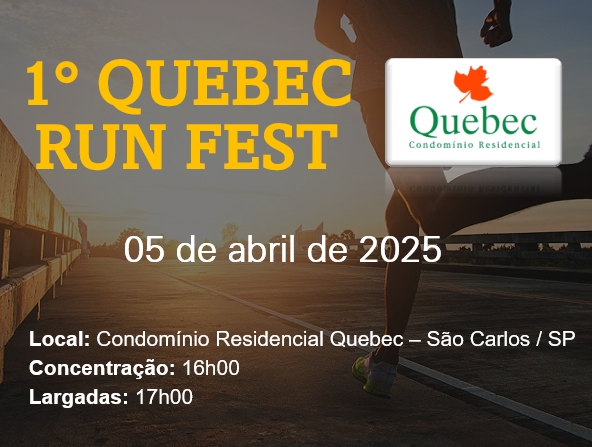 Imagem de divulgação do evento esportivo 1º Quebec Run Fest de Corrida que acontecerá no dia 5 de Abril de 2025 na cidade de São Carlos - SP