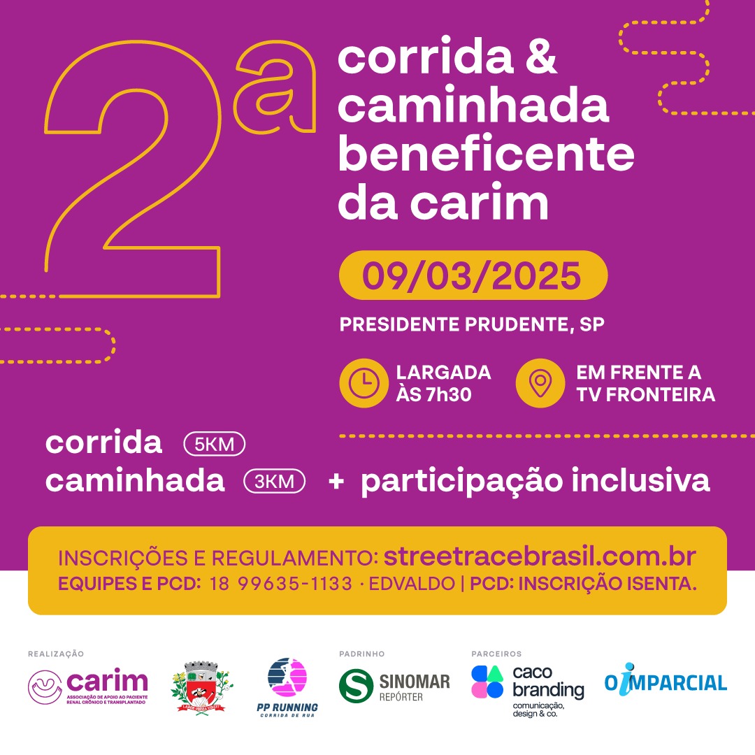 Imagem de divulgação do evento esportivo 2ª Corrida e Caminhada Beneficente da Carim de Corrida que acontecerá no dia 9 de Março de 2025 na cidade de Presidente Prudente - SP