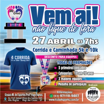 Image de divulgação do evento esportivo 4° Corrida pé no chão RUNNING de Corrida que acontecerá no dia 27 de Abril de 2025 na cidade de Mogi das Cruzes - SP