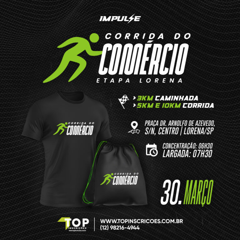 Imagem de divulgação do evento esportivo Corrida do Comérico de Corrida que acontecerá no dia 30 de Março de 2025 na cidade de Lorena - SP