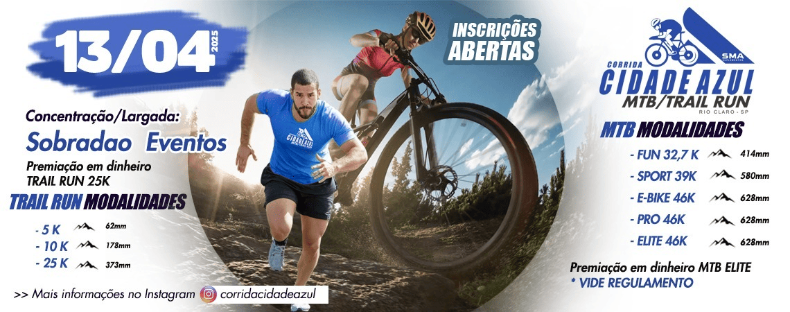 Imagem de divulgação do evento esportivo Corrida Cidade Azul de Trail Run que acontecerá no dia 13 de Abril de 2025 na cidade de Rio Claro - SP