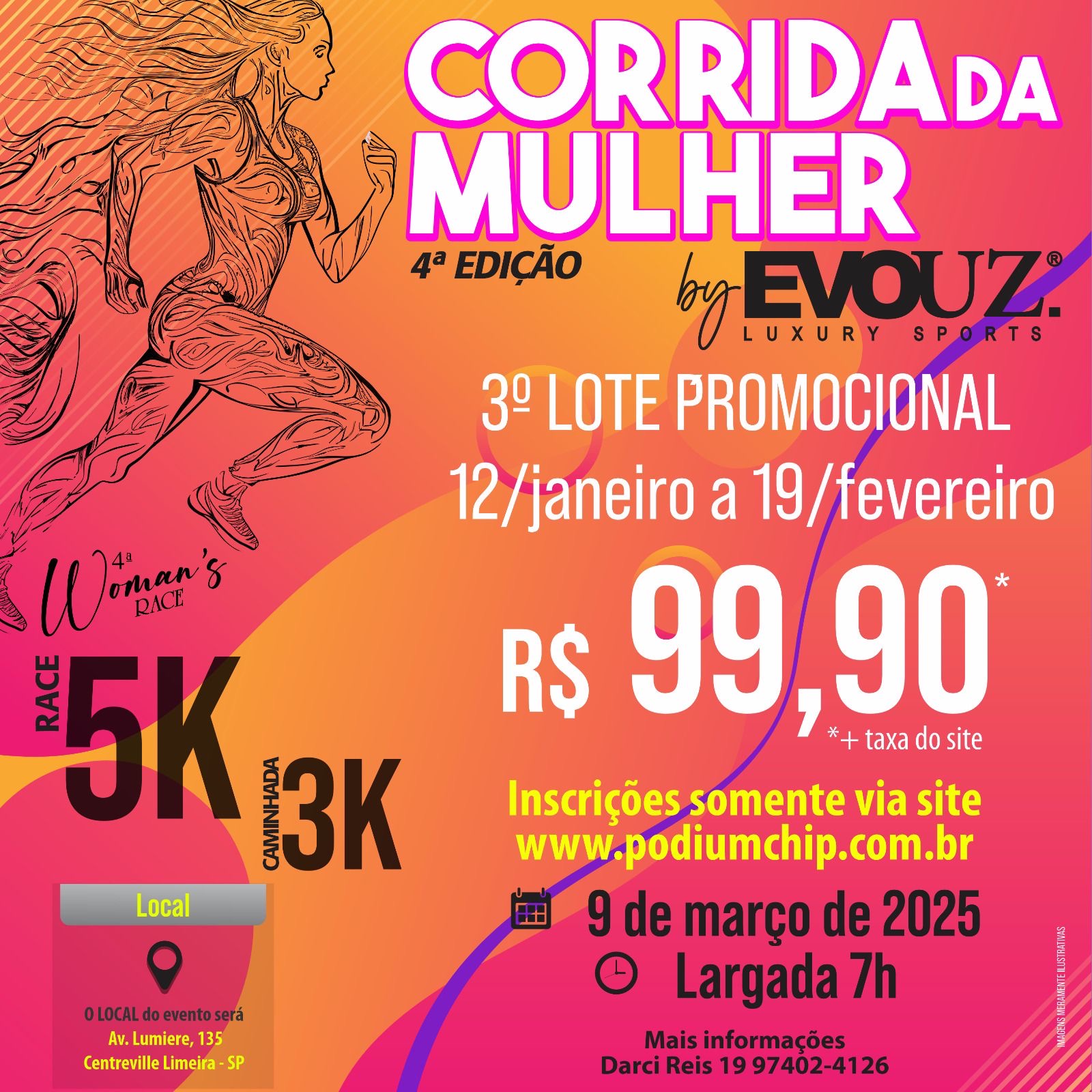 Imagem de divulgação do evento esportivo 4º Woman's Race by Evouz de Corrida que acontecerá no dia 9 de Março de 2025 na cidade de Limeira - SP