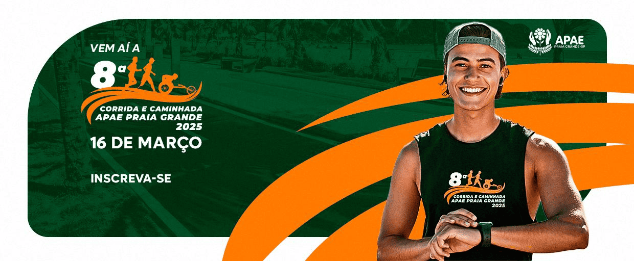 Image de divulgação do evento esportivo 8ª Corrida e Caminhada APAE Praia Grande de Corrida que acontecerá no dia 16 de Março de 2025 na cidade de Praia Grande - SP