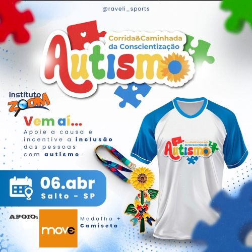 Imagem de divulgação do evento esportivo Corrida da Conscientização do Autismo - 6ª Edição de Corrida que acontecerá no dia 6 de Abril de 2025 na cidade de Salto - SP