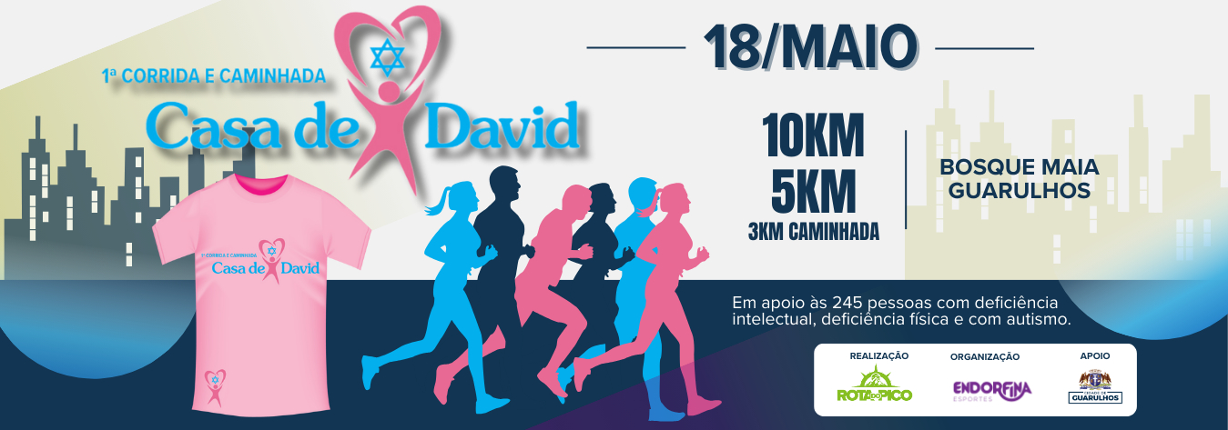 Image de divulgação do evento esportivo 1ª Corrida e Caminhada Casa de David de Corrida que acontecerá no dia 18 de Maio de 2025 na cidade de Guarulhos - SP