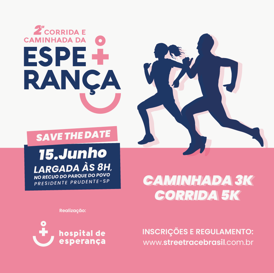 Imagem de divulgação do evento esportivo 2ª Corrida e Caminhada da Esperança de Corrida que acontecerá no dia 15 de Junho de 2025 na cidade de Presidente Prudente - SP