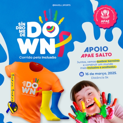 Imagem de divulgação do evento esportivo Corrida da Inclusão do Sindrome de Down de Corrida que acontecerá no dia 16 de Março de 2025 na cidade de Salto - SP