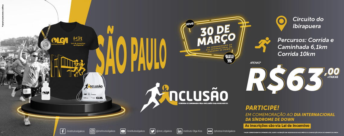 Imagem de divulgação do evento esportivo Corrida e Caminhada pela Inclusão Olga Kos Ano XI de Corrida que acontecerá no dia 30 de Março de 2025 na cidade de São Paulo - SP