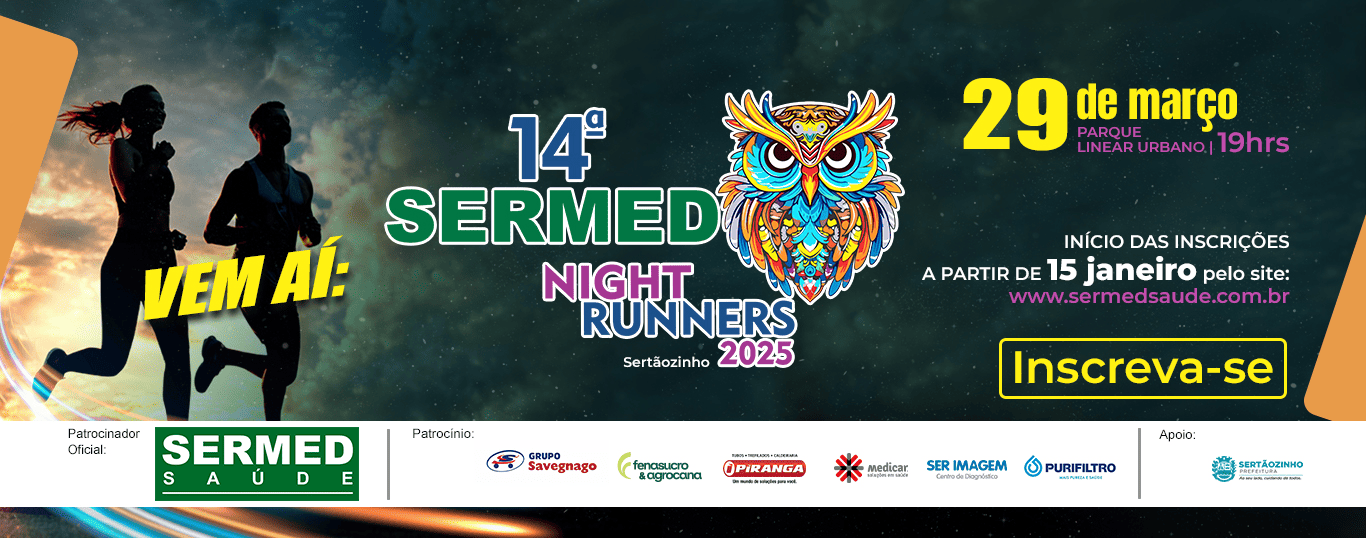 Imagem de divulgação do evento esportivo 14ª Sermed Night Runner de Corrida que acontecerá no dia 29 de Março de 2025 na cidade de Sertãozinho - SP