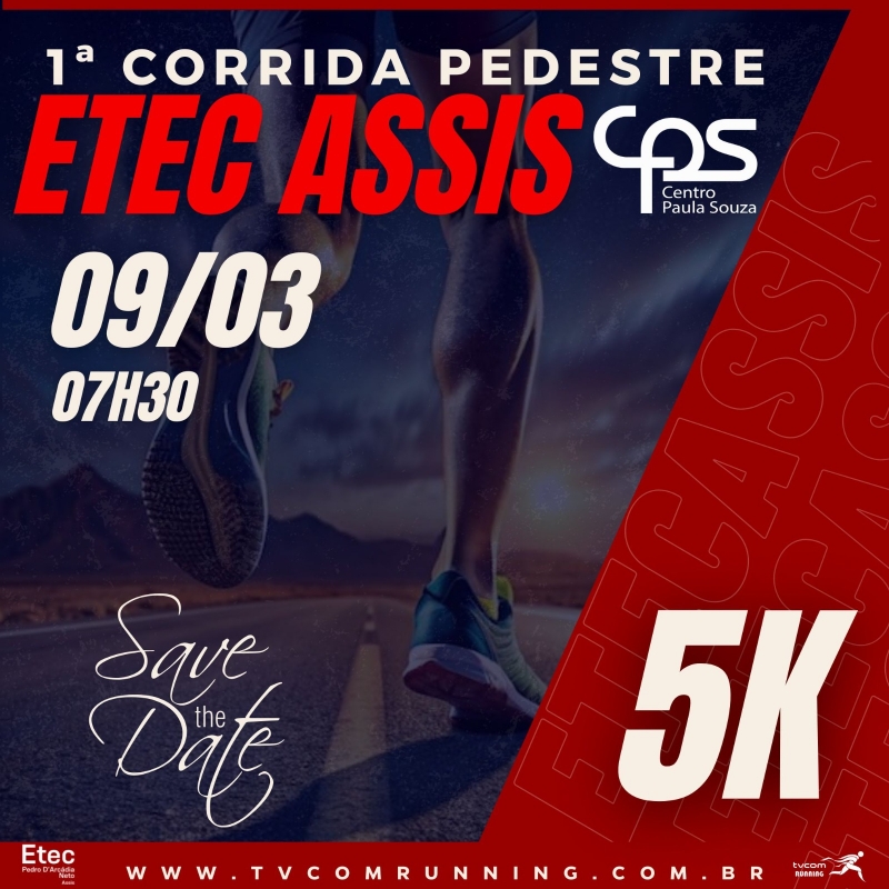 Image de divulgação do evento esportivo 1ª Corrida ETEC Assis de Corrida que acontecerá no dia 9 de Março de 2025 na cidade de Assis - SP