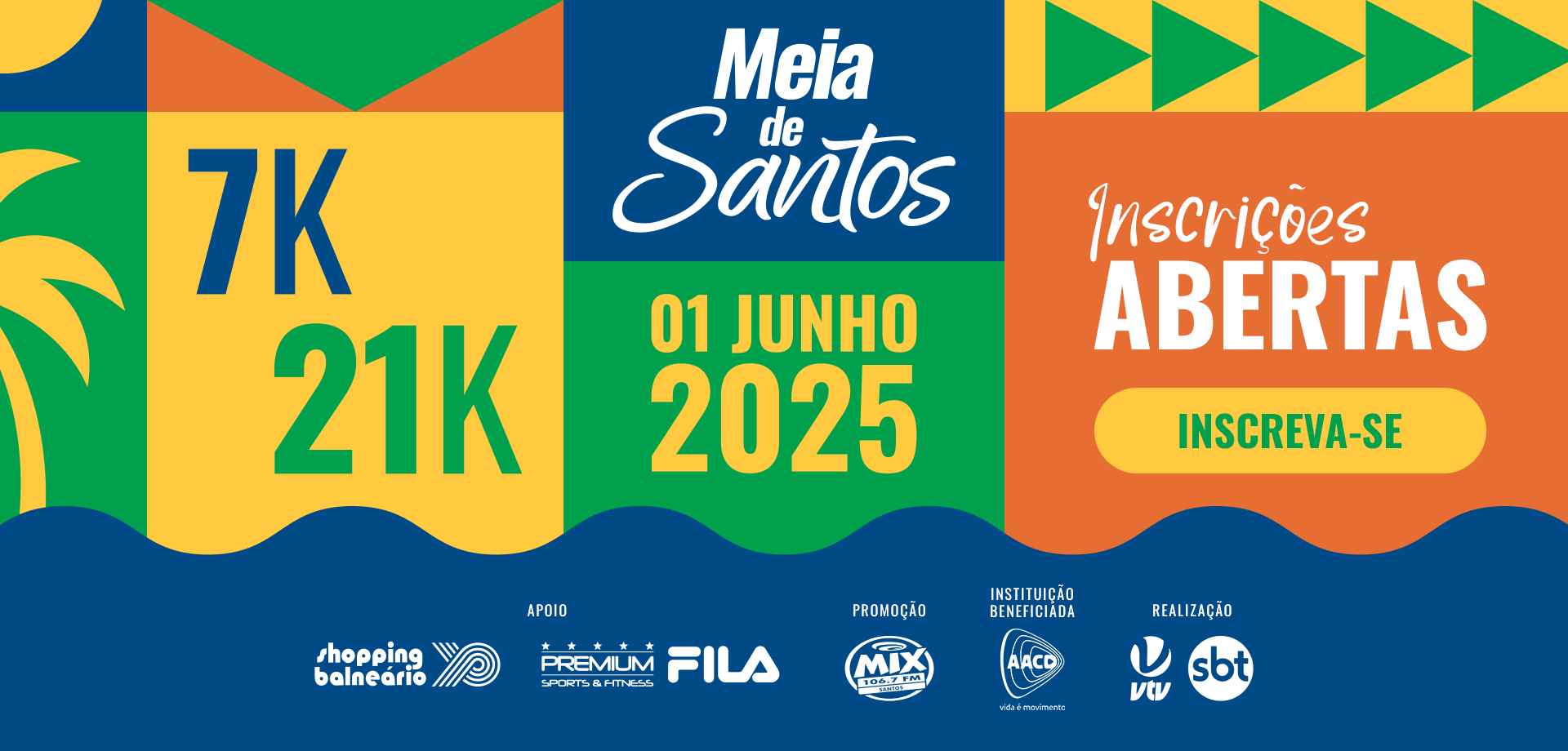 Image de divulgação do evento esportivo Meia de Santos 2025 de Corrida que acontecerá no dia 1 de Junho de 2025 na cidade de Santos - SP